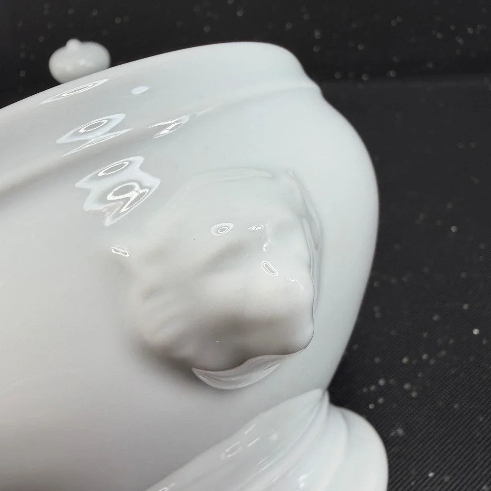 Apilco France White Porcelain Lion Head Dish w Lid Footed Bowl Container Jar